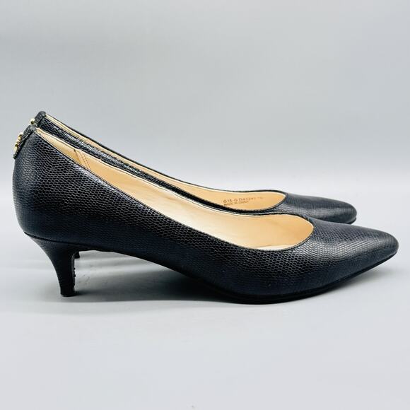 Cole Haan Shoes Womens 7 Black Leather Pumps Lizard Embossed Kitten Pointed Toe - Picture 1 of 13